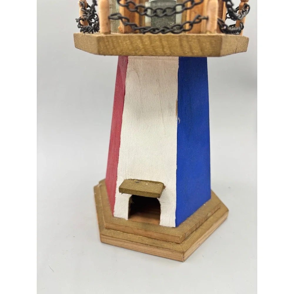 Vtg Wooden Lighthouse Candle‎ Holder Glass Panels Nautical Decor